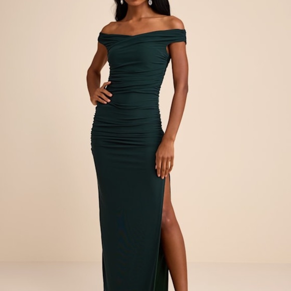 Lulus Dresses & Skirts - Lulus Scotia Dark Green Mesh Ruched Off-the-shoulder Maxi Dress - Size XL